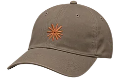 Warm brown baseball cap with Claude's orange starburst embroidered on the front