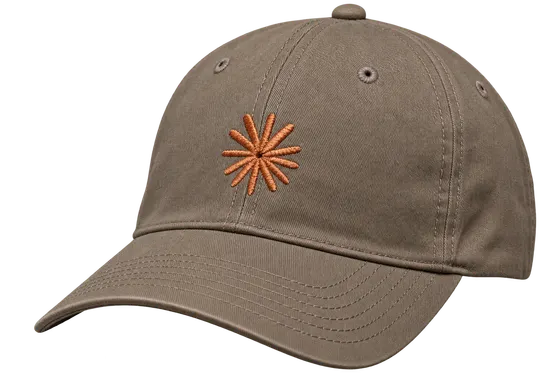 Warm brown baseball cap with Claude's orange starburst embroidered on the front