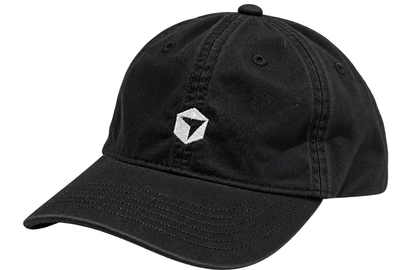 Black cap with a small white geometric Cursor logo embroidered on the front and a curved stitched brim