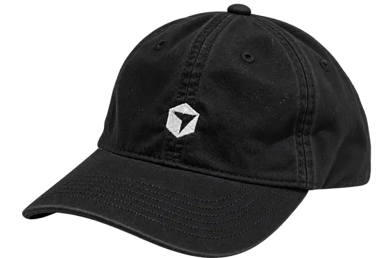 Black cap with a small white geometric Cursor logo embroidered on the front and a curved stitched brim