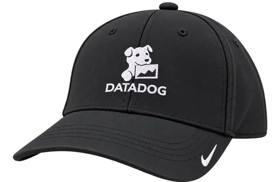 Black Datadog Nike Dri-FIT cap with a white mascot logo and a white Nike mark on the brim