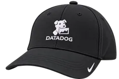 Black Datadog Nike Dri-FIT cap with a white mascot logo and a white Nike mark on the brim