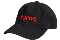 Black Groq cap with a red lightning-bolt mark and Groq wordmark embroidered on the front