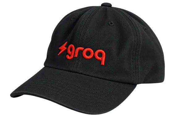 Black Groq cap with a red lightning-bolt mark and Groq wordmark embroidered on the front