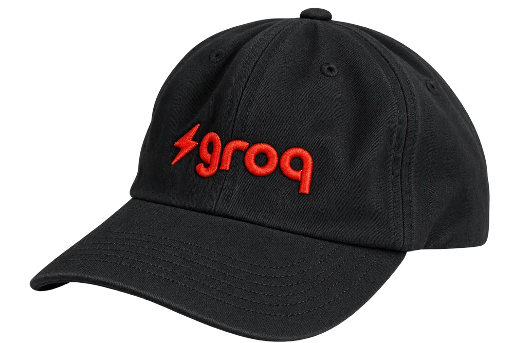 Black Groq cap with a red lightning-bolt mark and Groq wordmark embroidered on the front