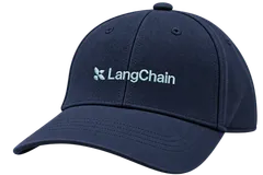 Navy blue LangChain baseball cap with a pale blue logo and wordmark embroidered across the front