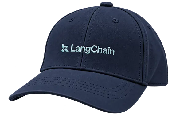 Navy blue LangChain baseball cap with a pale blue logo and wordmark embroidered across the front