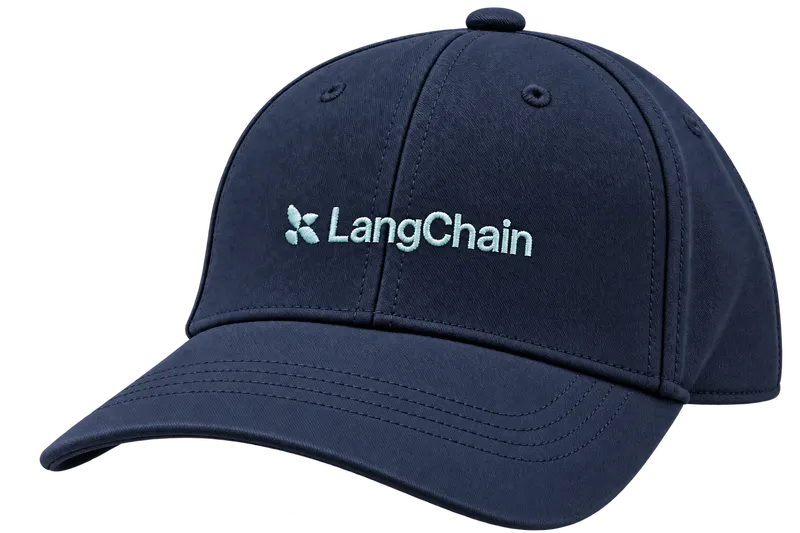 Navy blue LangChain baseball cap with a pale blue logo and wordmark embroidered across the front