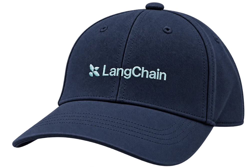 Navy blue LangChain baseball cap with a pale blue logo and wordmark embroidered across the front