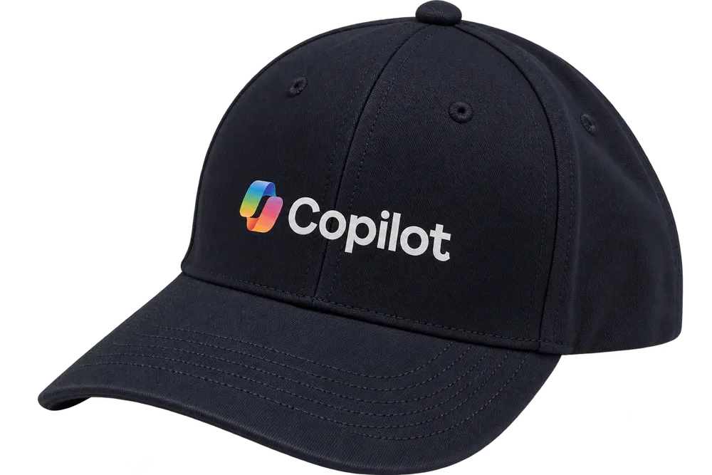Black cap with a multicolour Microsoft Copilot ribbon logo and white Copilot wordmark printed across the front