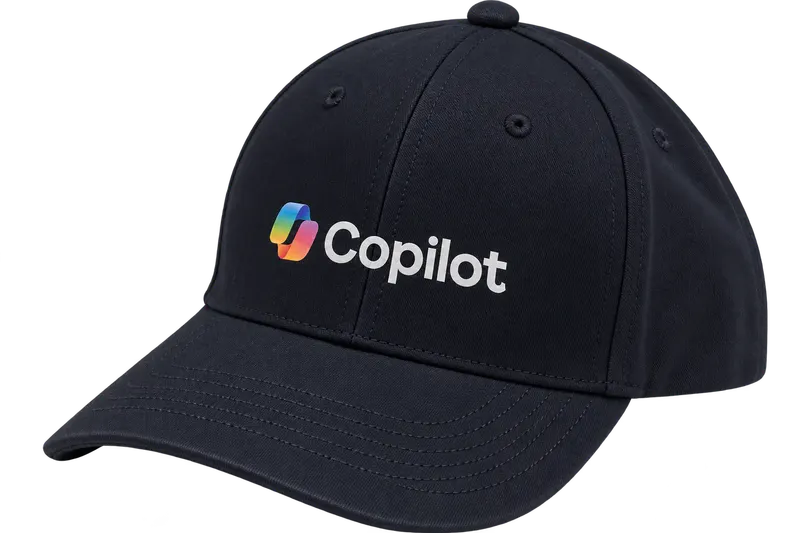 Black cap with a multicolour Microsoft Copilot ribbon logo and white Copilot wordmark printed across the front