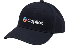 Black cap with a multicolour Microsoft Copilot ribbon logo and white Copilot wordmark printed across the front