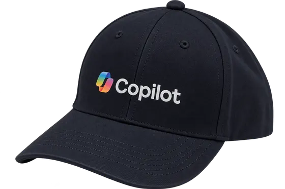 Black cap with a multicolour Microsoft Copilot ribbon logo and white Copilot wordmark printed across the front