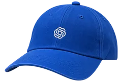 Cobalt blue OpenAI cap with a white knot logo embroidered on the front
