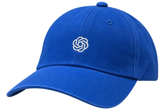 Cobalt blue OpenAI cap with a white knot logo embroidered on the front