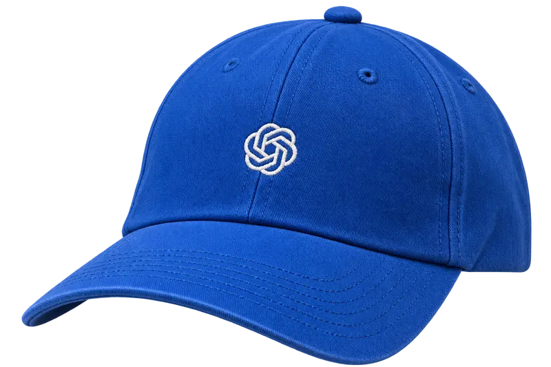 Cobalt blue OpenAI cap with a white knot logo embroidered on the front