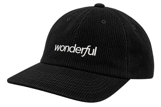 Black corduroy cap with a white lowercase Wonderful wordmark embroidered across the front