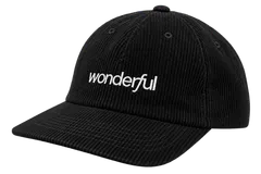 Black corduroy cap with a white lowercase Wonderful wordmark embroidered across the front
